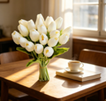 20 White Artificial Flowers Tulip Silk 13.5" Christmas Mother's Day Easter Gift Bulk Kitchen Wedding