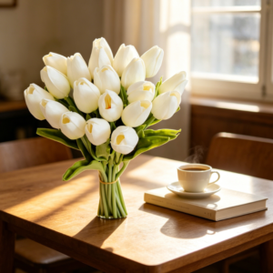 20 White Artificial Flowers Tulip Silk 13.5" Christmas Mother's Day Easter Gift Bulk Kitchen Wedding