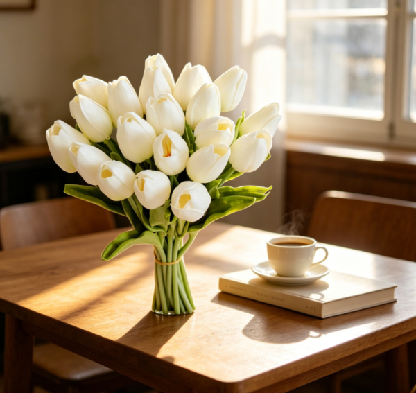 20 White Artificial Flowers Tulip Silk 13.5" Christmas Mother's Day Easter Gift Bulk Kitchen Wedding