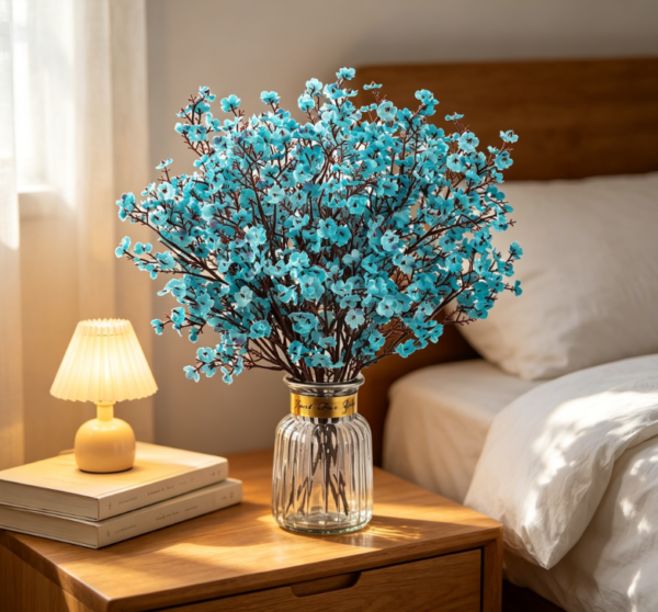 8 Peacock Blue Baby's Breath Artificial Flowers Silk Real Touch Vase Office Wedding Winter Indoor Outdoor Centerpiece
