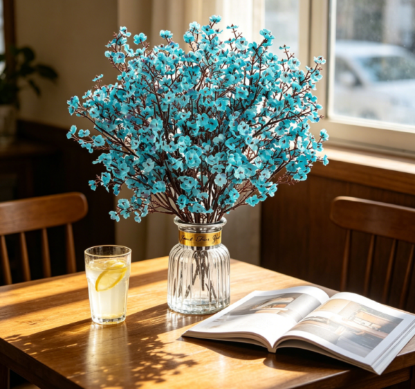8 Peacock Blue Baby's Breath Artificial Flowers Silk Real Touch Vase Office Wedding Winter Indoor Outdoor Centerpiece